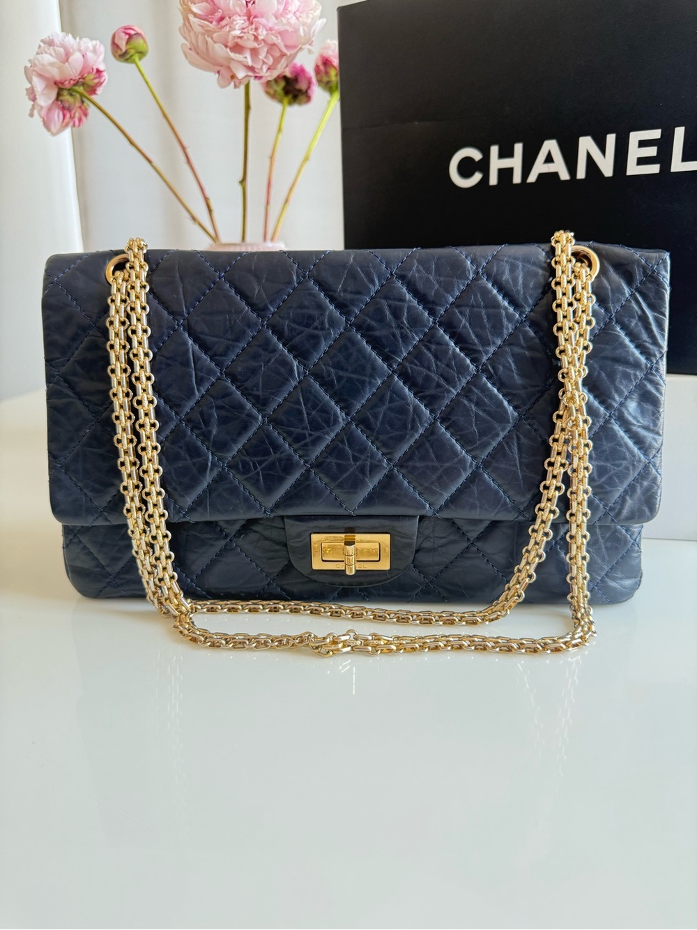 CHANEL Reissue 2.55 Quilted Navy Lambskin Shoulder Bag with Gold Chain